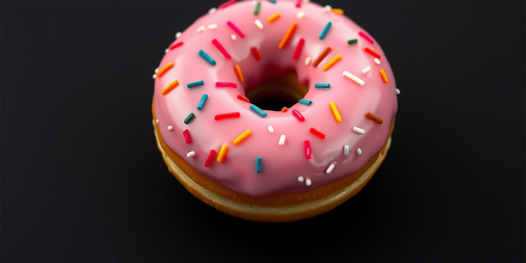 Create a high-resolution image of a pink frosted donut with colorful sprinkles on a plain black background, using a DSLR camera with a 50mm lens, aperture set to f/1.8, ISO 100, and soft diffused lighting for enhanced detail and color vibrancy.
