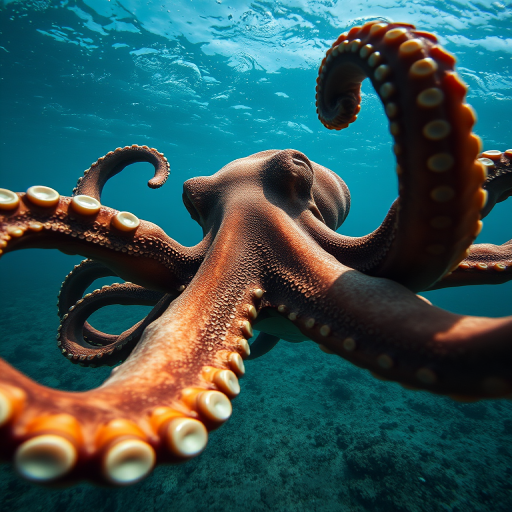 A dramatic underwater scene of a giant octopus with intricate details, captured from a low angle using a Canon EOS R5 with a 24-70mm lens at f/4, ISO 100, 1/250s, natural lighting to enhance the textures and colors of the creature against a turbulent ocean background.