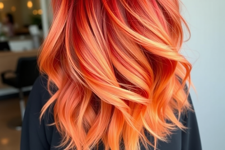 Fiery red and orange balayage hair named "Phoenix Rising," flows in beachy waves from a deep side part, blending warm copper tones at the roots into brilliant flame-like hues at the ends, creating a stunning and dynamic look