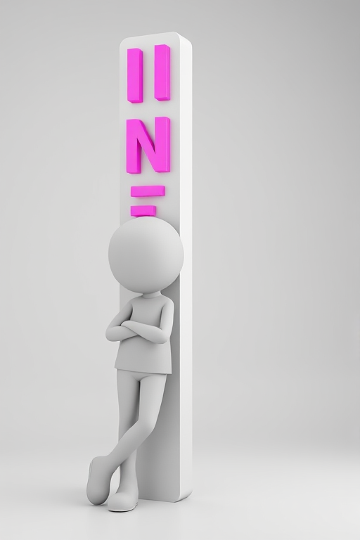 3D rendering of a cartoonish humanoid figure leaning against a tall, vertical sign that reads "INFO" in bold pink letters, soft lighting, depth of field, 35mm lens, f/4 aperture, ISO 100, studio setting, high-resolution output