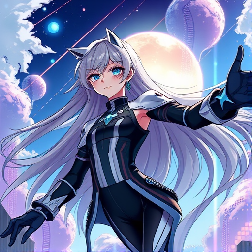 create a dynamic illustration of a female character with long flowing hair and striking blue eyes, wearing a futuristic black and white outfit, set against a vibrant sky with glowing elements, captured with a 50mm lens, f/1.8 aperture, ISO 100, in a dramatic low angle view to enhance depth and intensity using a digital camera, high-resolution format
