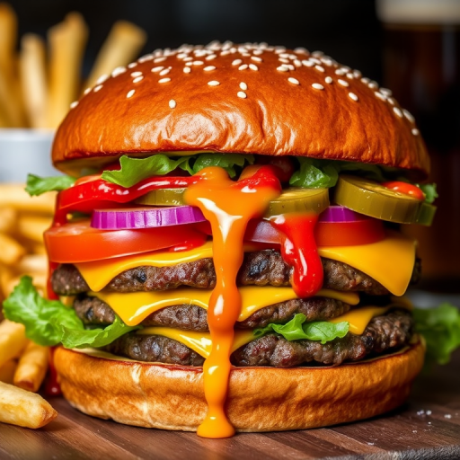 High-resolution, close-up image of a gourmet double cheeseburger. The burger features a glossy, sesame-seed-topped brioche bun. Inside, there are two thick, juicy beef patties, each topped with melted cheddar cheese. The burger is garnished with fresh lettuce, tomato slices, diced onions, and pickles. A generous amount of ketchup and a creamy, orange-colored sauce is dripping down the sides, adding to the mouth-watering appeal. In the background, there are blurred elements including a side of golden French fries and a hint of a beverage, enhancing the overall presentation of a delicious meal.