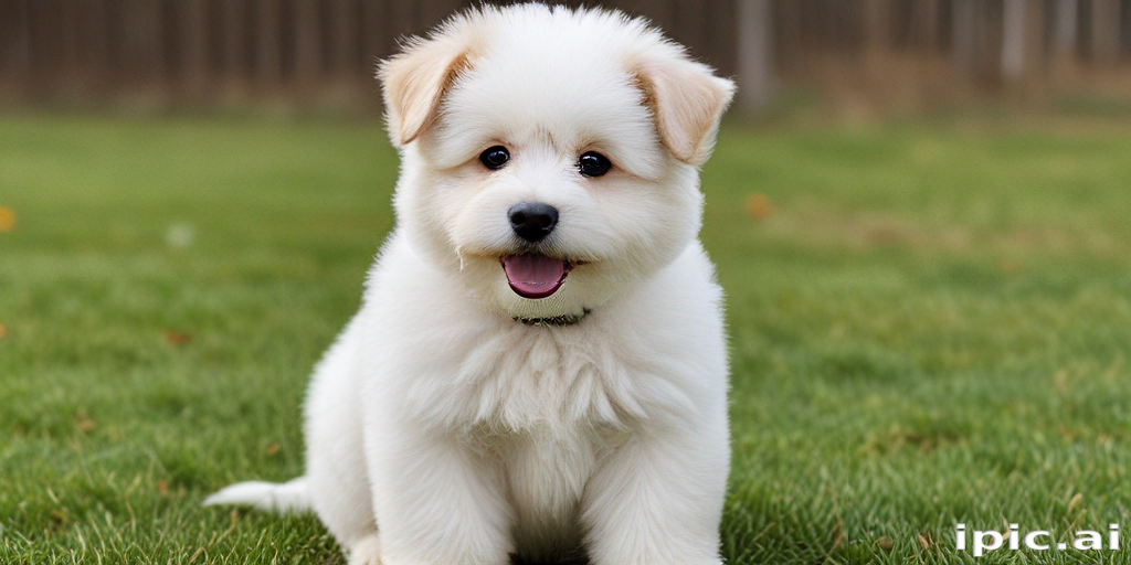 Adorable Fluffy Puppy Sitting on Green Grass with a Playful Expression.