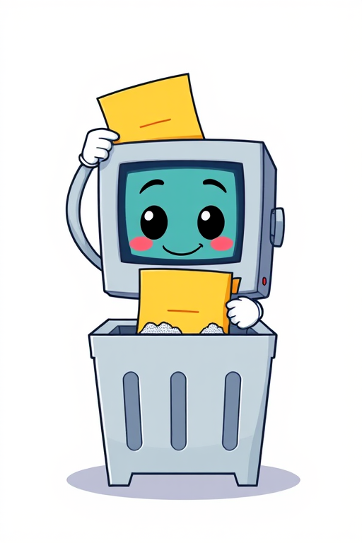 Create a digital illustration of a cartoon computer character dropping a yellow document into a shredder, with a minimalist style, bright colors, and a playful expression, shot with a high-resolution digital camera at f/2.8, 50mm lens, centered composition, and soft lighting to enhance the image quality.