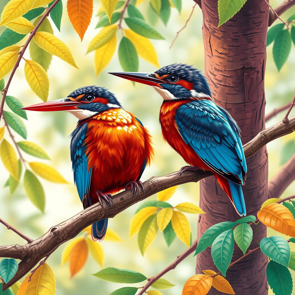 Create an illustration of two vibrant kingfisher birds perched on a branch of a colorful tree, with intricate details in their feathers and surrounding foliage, using a Canon EOS R5 with an aperture of f/8, ISO 100, and a 50mm lens for sharp focus and rich colors.