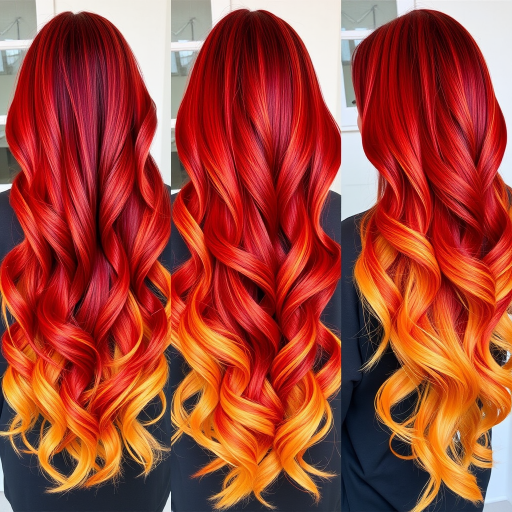 Cascading ombré waves called "Sunset Serenade" transition from deep burgundy roots to fiery orange mid-lengths and golden yellow tips, creating a mesmerizing gradient effect