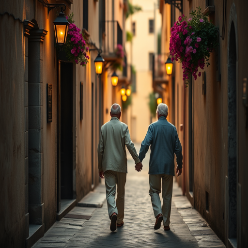 Softly focused image of an elderly couple walking hand-in-hand down a narrow cobblestone street, the warm light from nearby lanterns casting long shadows, with vibrant flowers hanging from nearby balconies.