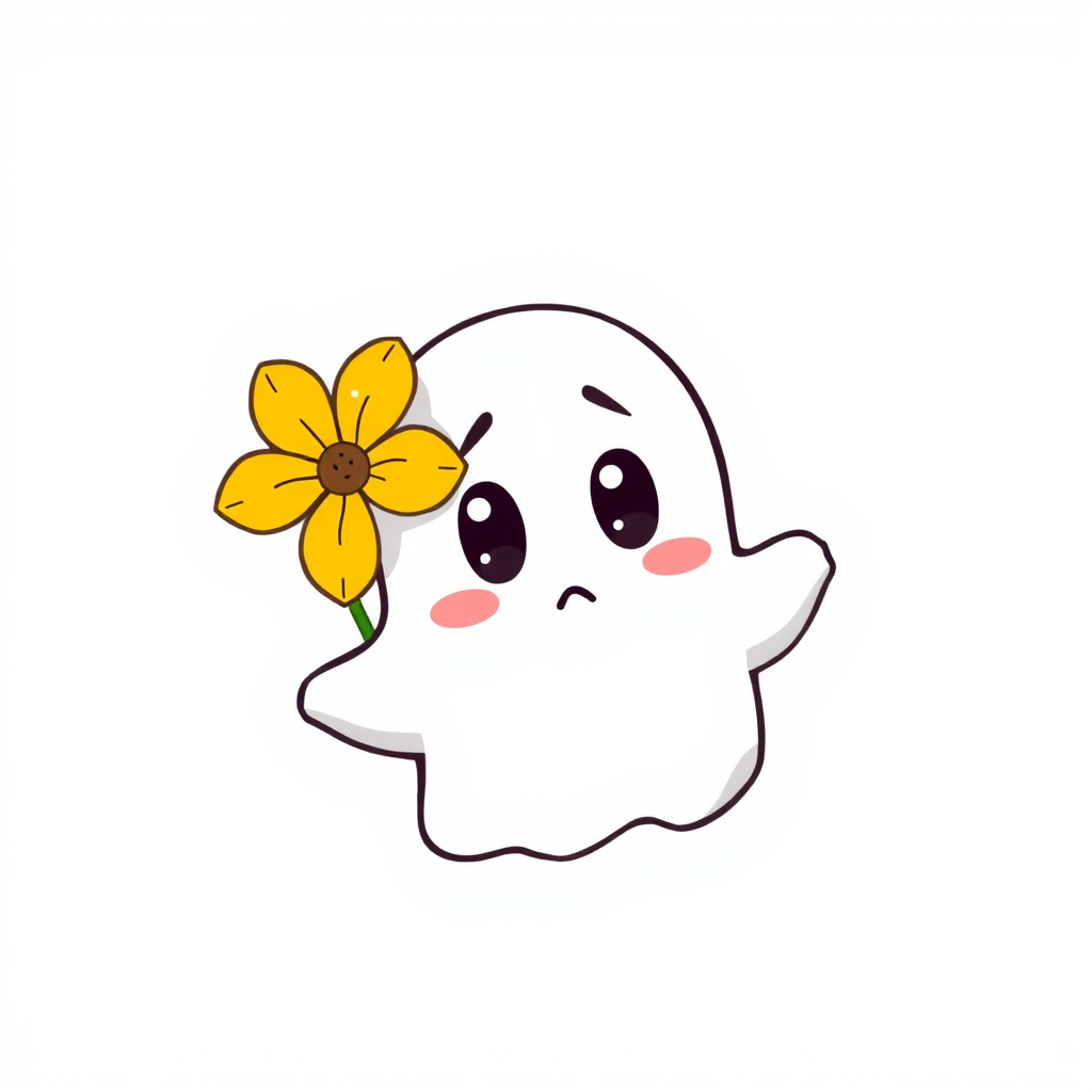 Cute cartoon ghost with a flower in its hair looking puzzled and curious against a simple light background.