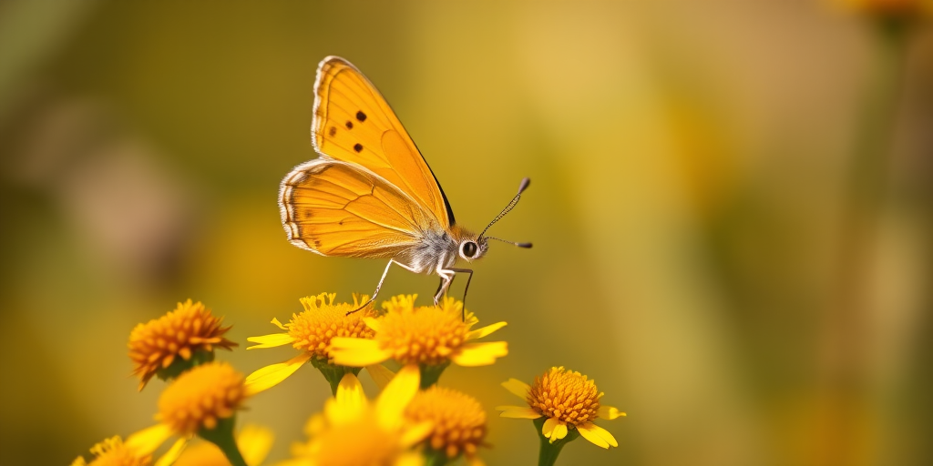 Capture a close-up of an orange butterfly perched on vibrant yellow wildflowers with a blurred background, using a DSLR camera with a 50mm f/1.8 lens at f/2.8, ISO 100, and a shutter speed of 1/200s for sharp details and vivid colors.