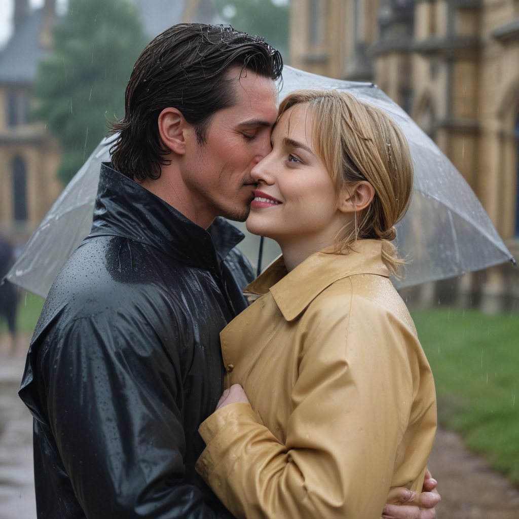 christian bale as bruce wayne and allison mack in raincoat, Looking at the camera, mouths, nearby mouths, hug, in the heavy rain, wollaton hall background, romantic scene no crop them