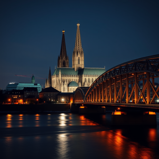 night cityscape of the Cologne Cathedral and Hohenzollern Bridge, long exposure, f/8 aperture, ISO 100, 30 seconds shutter speed, wide-angle lens, captured with a DSLR camera, twilight atmosphere, reflections on the water