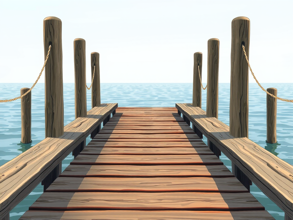 Generate a high-resolution illustration of a wooden dock with planks and supporting poles, using a 35mm lens, f/8 aperture, 1/125s shutter speed, shot from a slightly elevated angle to provide depth and clarity, in a realistic digital art style.