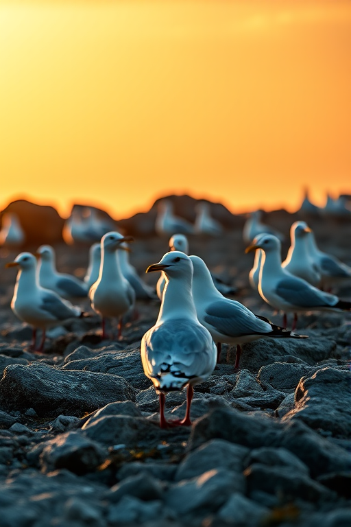 Capture a high-resolution image of a group of seagulls on rocky terrain during golden hour, using a DSLR camera with a 50mm lens, aperture set to f/2.8, shutter speed of 1/400s, ISO 200, shallow depth of field for a soft background, taken from a low angle for an immersive perspective.