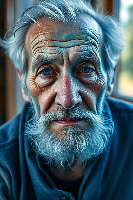 create a highly detailed portrait of an elderly man with striking blue and gray tones in watercolor style, include intricate textures and soft splashes, shot with a Canon EOS R5, 85mm lens, f/1.2 aperture, ISO 100, in natural light from a window for enhanced clarity and vibrancy