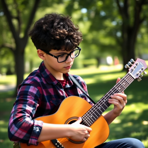 A young person with curly hair wearing glasses and a plaid shirt, playing an acoustic guitar in a sunlit park, shallow depth of field, f/2.8, ISO 200, 50mm lens, natural light, medium shot, DSLR camera.
