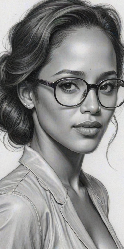 Comely Dania Ramirez, pencil sketch, portrait of Attractive woman 1947s in glasses, hair style beatnik, outline, clear lines, fine lines, 8k