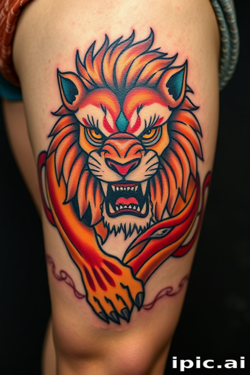 Vibrant neo-traditional tattoo of a fierce lion on the thigh, featuring bold outlines, saturated colors, and stylized elements, blending classic and modern tattooing techniques