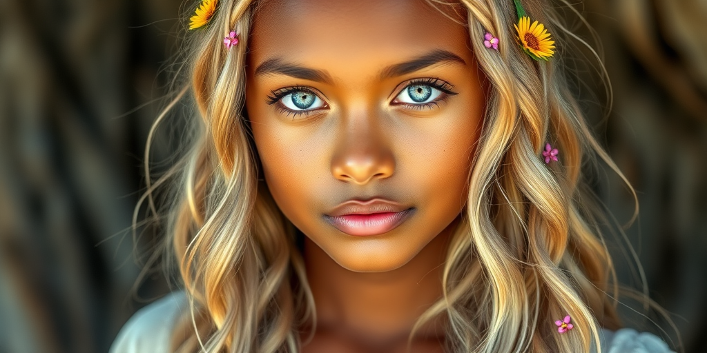 Create an image of a young Garifuna woman with long, wavy blonde hair, adorned with small, colorful flowers woven into her braids and loose strands. Her complexion is fair, with soft, glowing skin, and she has light blue eyes that gaze softly at the viewer. She wears a light, flowing dress with a gentle, ethereal quality, complementing her delicate and serene appearance. The background is slightly blurred, drawing focus to her tranquil expression and the intricate details of the flowers in her hair. The overall mood of the image is one of natural beauty and grace, evoking a sense of peacefulness and connection with nature.