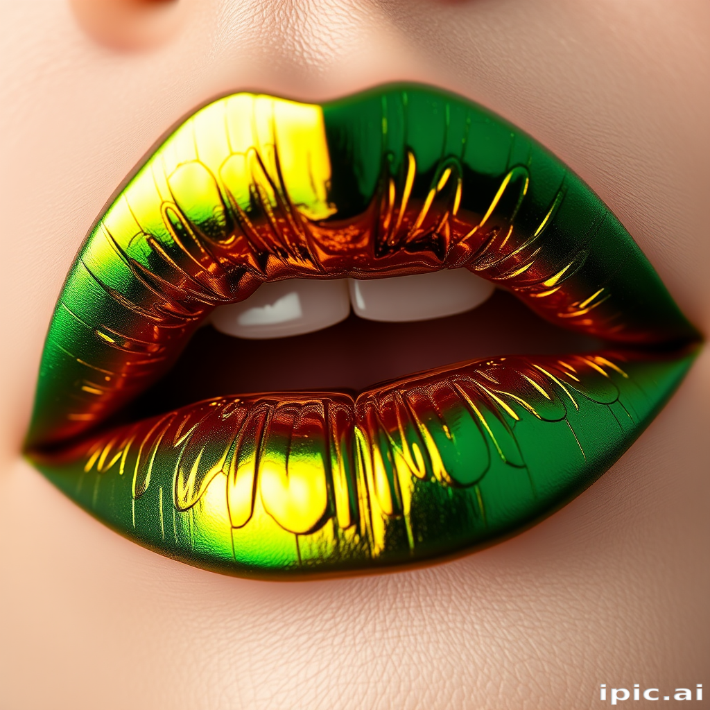 Duochrome lips shifting from emerald to gold, smooth and seamless color transition, mesmerizing and unique effect, captivating Mermaid Scale Morph aesthetic