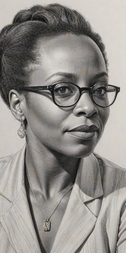 Alluring Marianne Jean-Baptiste, pencil sketch, portrait of Pleasing woman 1942s in glasses, hair style beatnik, outline, clear lines, fine lines, 8k
