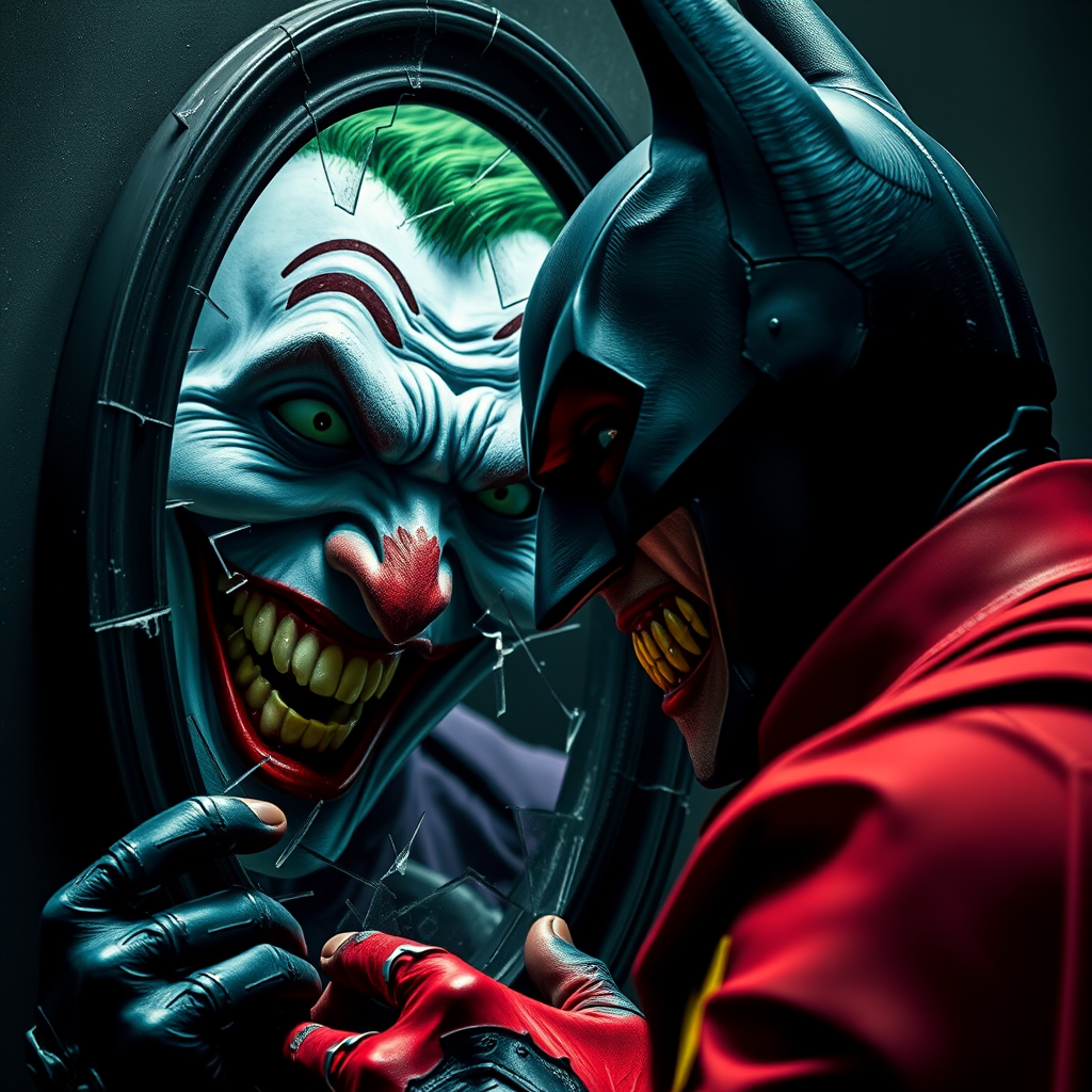 Merging elements of Batman and The Joker, this character portrays an evil, maniacal laughter, a sinister grin, and piercing eyes, accompanied by inhumanly sharp fangs. In a half-body portrait, Batman appears maniacal, gazing into a shattered mirror, his image rendered in Todd Phillips' unique style. The scene exudes an atmosphere of darkness, horror, and intense drama, with dramatic lighting and high-quality, hyper-realistic visuals. Inspired by the style of illusory wallpaper portraits, the image showcases colorful realism, exceptional attention to detail, and intricate hidden elements. The UHD, 8K resolution delivers a stunning image, combining realism and vibrant colors for an immersive, intense experience.