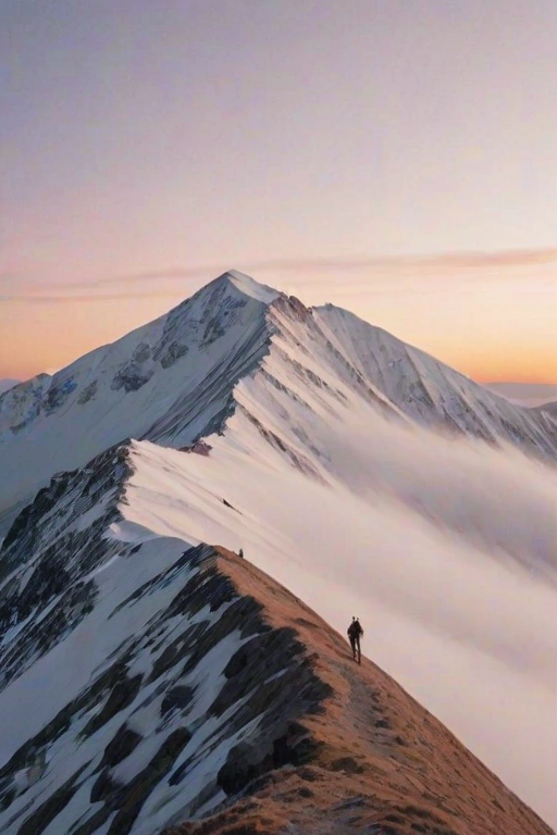 Soft-focus image of a snowy mountain peak under a pastel-colored sunset sky, with soft mist rolling down the slopes and a lone hiker silhouetted on a ridge.