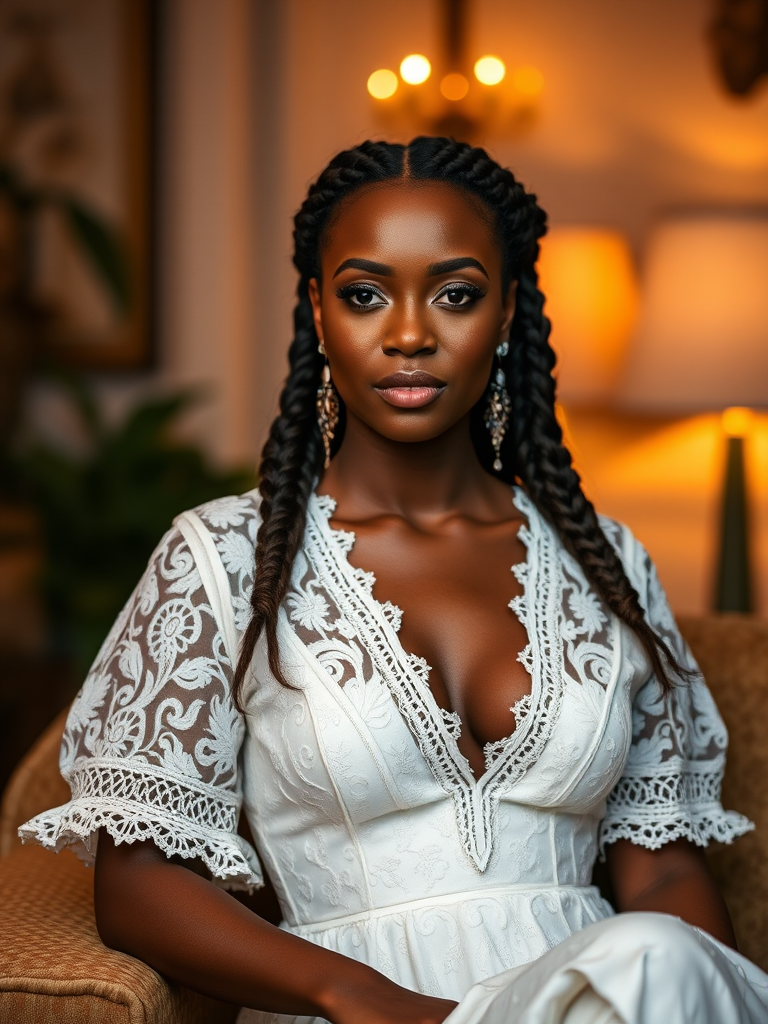 Create a portrait of a refined and elegant Cape Verdean woman seated in a sophisticated setting. She has long, wavy hair styled in two thick braids that are pulled over her shoulders. She wears a white, lace gown with intricate patterns, featuring a deep V-neckline and short sleeves. The dress exudes a vintage charm with its delicate lacework. She is adorned with ornate, dangling earrings that add a touch of glamour to her appearance. The background is softly lit, with warm, ambient lighting that creates a cozy and inviting atmosphere. Her expression is poised and serene, capturing a sense of grace and elegance.