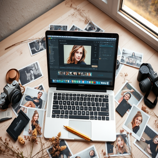 A high-resolution flat lay photograph of a MacBook displaying an editing software with an image of a woman, surrounded by scattered printed photos, dried flowers, a gold pen, a camera, and memory cards; shot with a Canon EOS R5, 50mm lens, aperture f/1.8, ISO 100, natural light from a window, soft focus to emphasize the laptop and subjects.