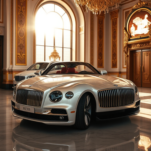 High-resolution image of a luxury car parked in an opulent, well-lit room with intricate gold details, soft sunlight streaming through large windows, ISO 200, f/8, 1/60s, wide-angle view, DSLR style.