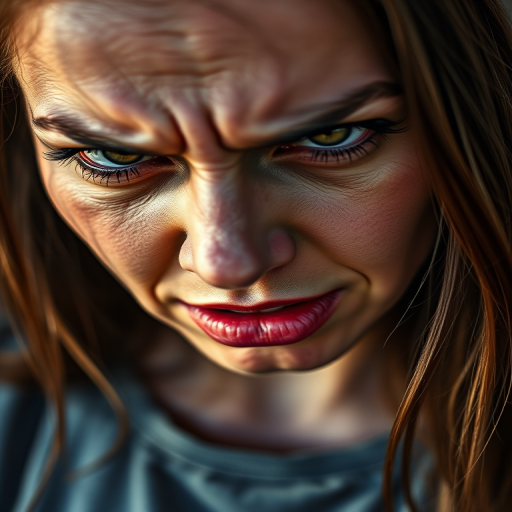 Capture a close-up portrait of a woman with an intense expression of anger, focusing on her facial features, use a Canon EOS R5 camera, lens 85mm f/1.2, aperture f/1.2, ISO 200, shutter speed 1/100s, natural soft lighting for dramatic shadows, and a shallow depth of field to enhance the emotional impact.