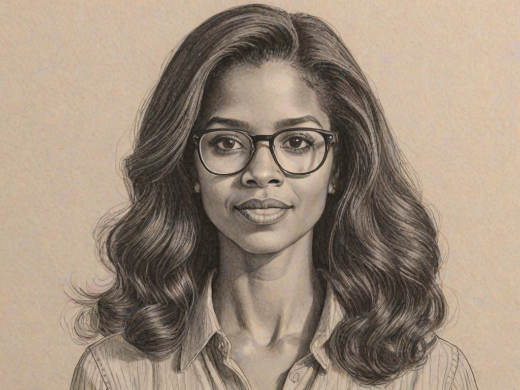 Bewitching Renee Elise Goldsberry, pencil sketch, portrait of Pleasing woman 1977s in glasses, hair style beatnik, outline, clear lines, fine lines, 8k
