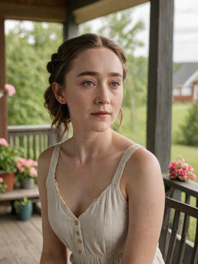 A photo of Saoirse Ronan with a background of a cozy porch. She has dark hair pulled back in an updo, with tendrils framing her face. She wears a white tank top and sits on the porch. The porch is part of a well-lit home with a warm, earthy tone and colorful flowers and foliage. The overall scene has a warm, welcoming, and comfortable ambiance.