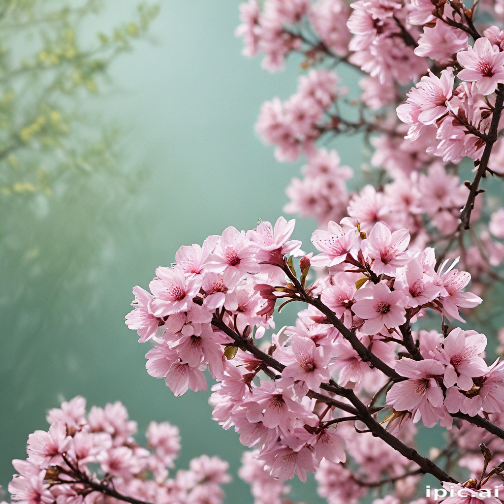 Delicate Pink Cherry Blossoms Blooming Against a Soft Green Background