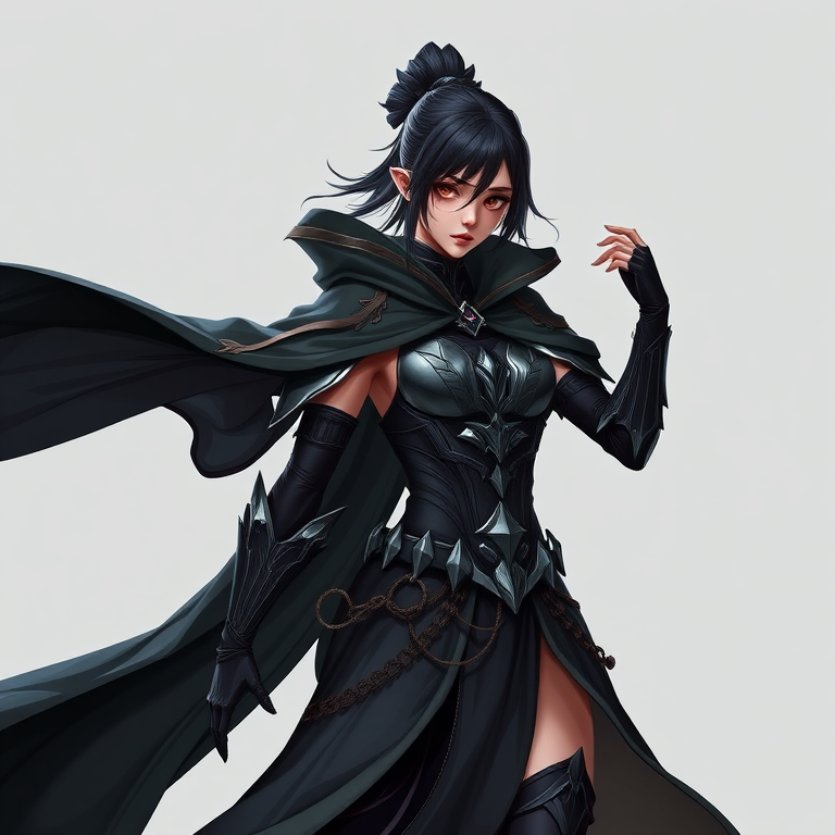 Create a high-contrast digital illustration of a dynamic female character in an elegant dark fantasy outfit with flowing cape and intricate armor details, capture the scene with a Canon EOS R5 at f/2.8, ISO 100, 24mm focal length, using a high-resolution macro lens for sharpness and depth of field, with flat lighting to emphasize the character's details against a minimalist background.