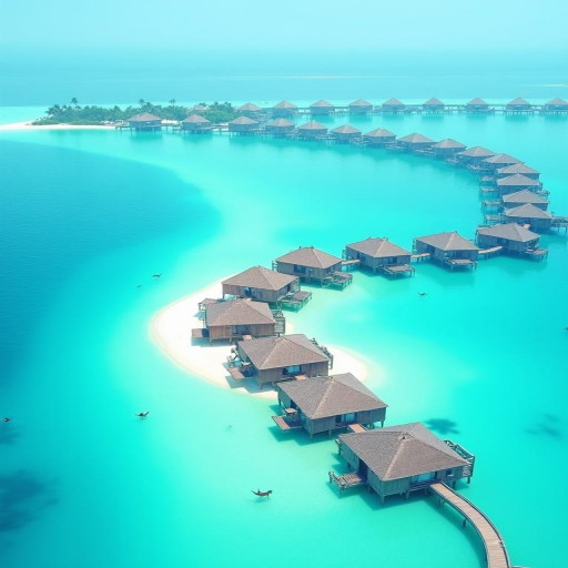 A high-quality, realistic aerial photo, a stunning travel and architectural shot, captured with a DJI Mavic 3 Pro or a Canon EOS R5 with a Canon RF 15-35mm f/2.8L IS USM lens (simulating a drone perspective). The image presents an exquisite overwater bungalow resort, likely in the Maldives, curving along a narrow, pristine white sand spit. The resort features numerous individual bungalows with traditional thatched or natural-toned roofs, connected by a long, elegant wooden boardwalk that follows the contour of the land.