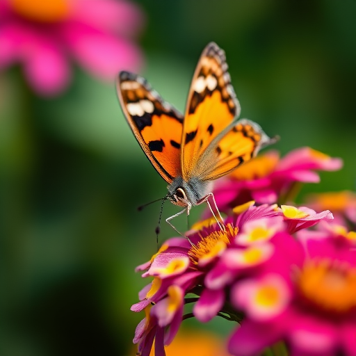 Close-up shot of a butterfly perched on colorful flowers with a blurred green background, ISO 200, f/2.8 aperture, 1/400 sec shutter speed, macro lens, natural light, DSLR camera.