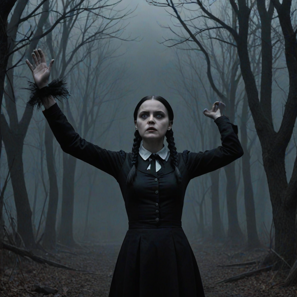 Digital art, full height portrait of Wednesday Addams, standing up with her hands in the air as if in a hold-up. Her dark, gothic attire replaces Alice’s classic blue dress, and she wears black shoes instead of blue. A small, neat black bow adorns her hair, capturing her signature style. The overall composition maintains a whimsical yet eerie tone, similar to Alice in Wonderland, while showcasing Wednesday’s iconic gothic charm.