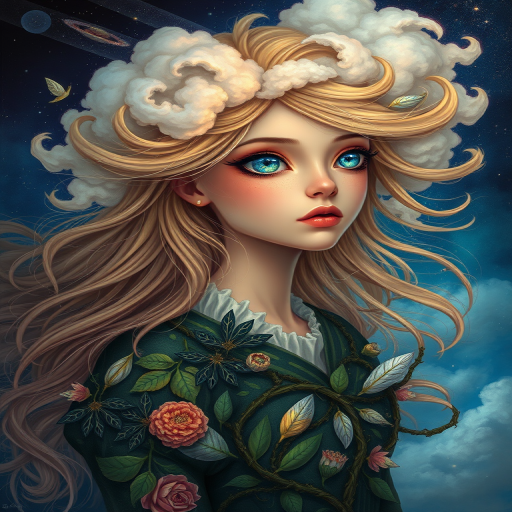 Create a series of imaginative portraits where each subject is infused with elements of fantasy and nature. The hair of the individuals should flow like clouds, varying from soft, fluffy cumulus to wispy cirrus strands, with hints of color reflecting a sunset or a clear blue sky. The eyes should be windows to entire galaxies, with stars, nebulae, and distant planets visible within them. Clothing should be adorned with nature motifs, such as floral patterns that bloom and change, vines that seem to grow and wrap around, or feathers that shimmer with iridescence. Each portrait should capture a unique personality, blending human features with the ethereal beauty of the natural and cosmic world. The backgrounds can vary, from starry night skies to enchanted forests, adding depth and context to the magical realism of the portraits