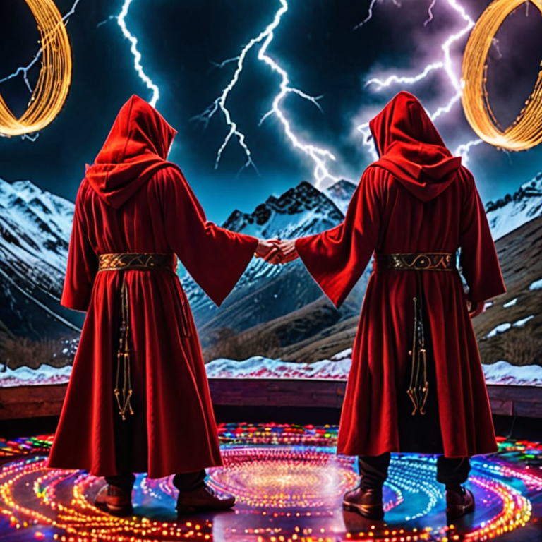 two hooded medieval monks in red robes who's faces are obscured in shadow with snow-capped lord of the rings style mountains and lightning in background standing on brightly coloured illuminated disco dance floor