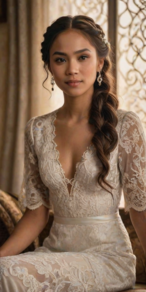 Create a portrait of a refined and elegant Zambo woman seated in a sophisticated setting. She has long, wavy hair styled in two thick braids that are pulled over her shoulders. She wears a white, lace gown with intricate patterns, featuring a deep V-neckline and short sleeves. The dress exudes a vintage charm with its delicate lacework. She is adorned with ornate, dangling earrings that add a touch of glamour to her appearance. The background is softly lit, with warm, ambient lighting that creates a cozy and inviting atmosphere. Her expression is poised and serene, capturing a sense of grace and elegance.