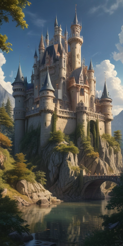 Majestic Fairytale Castle Surrounded by Lush Greenery and Serene Waters