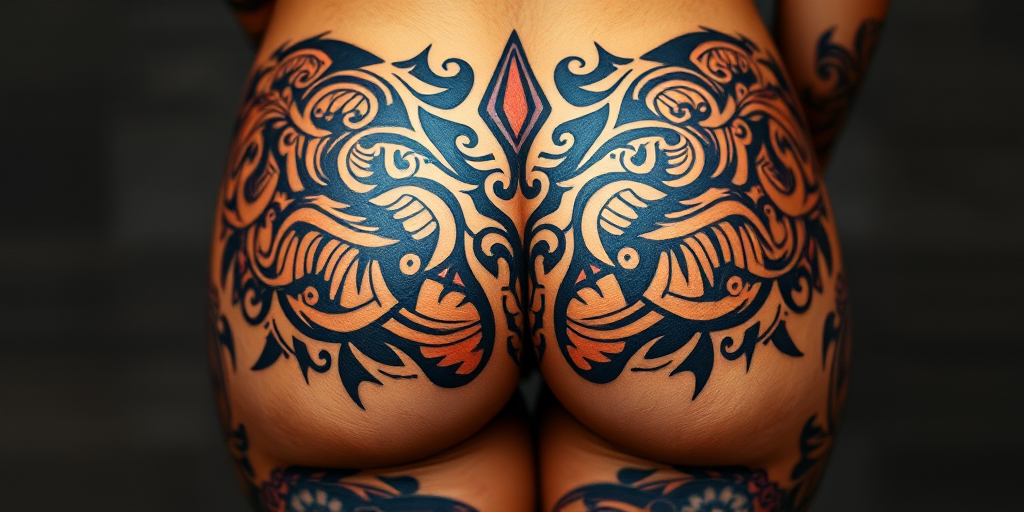 Striking tribal-inspired body tattoo adorning the lower back and buttocks, showcasing intricate Polynesian patterns in rich earth tones and deep black ink