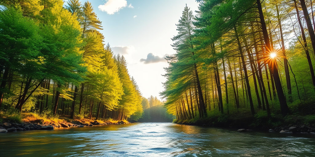 Create an image of a serene, sunlit forest scene with a clear, gently flowing river. Tall trees with lush green foliage line both sides of the river, their leaves bathed in the warm golden light of the setting or rising sun. The sunlight filters through the trees, casting soft, dappled light on the river, which flows over smooth rocks and pebbles, creating a peaceful, natural atmosphere. The sky is bright with a few scattered clouds, and the overall mood is tranquil, evoking a deep sense of connection with nature. The image captures the beauty of a calm, pristine forest landscape at either dawn or dusk.