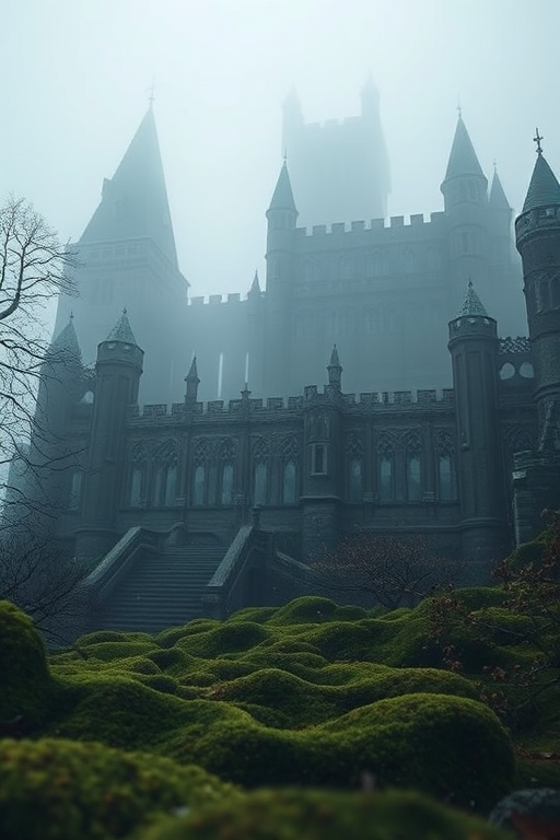 scene, huge castle, moss, mist, fog, mistery, dark fantasy, low light, depth of field, highly detailed, high contrast, film grain, Rim Lighting, Long Exposure, DSLR