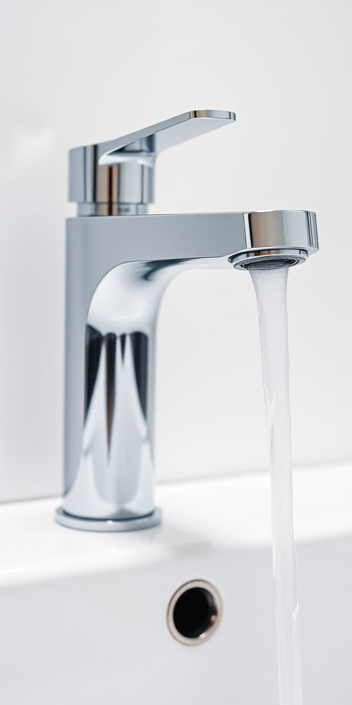 Create a high-resolution image of a modern chrome faucet on a clean white background, captured with a Canon EOS R5 camera at f/8, ISO 100, and a shutter speed of 1/200s, using a macro lens to focus on the sleek design and reflections.