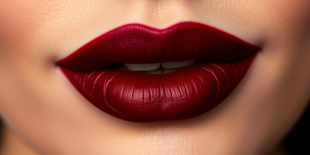 Romantic burgundy lips with a velvet matte finish, exuding sophistication and mystery, ideal for evening wear and formal occasions