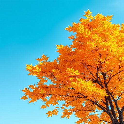 Create a detailed illustration of a tree with vibrant autumn leaves in shades of orange and yellow against a clear blue sky, using a DSLR camera with a 50mm lens, aperture set to f/2.8, shutter speed at 1/200s, ISO 100, in soft natural lighting for enhanced image quality.