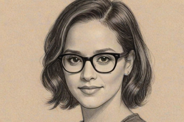 Comely Melissa Fumero, pencil sketch, portrait of Charming woman 1928s in glasses, hair style beatnik, outline, clear lines, fine lines, 8k