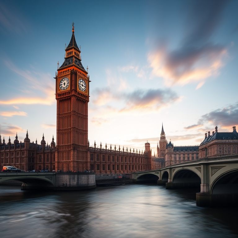 Capture a long exposure image of the Palace of Westminster and Big Ben during the golden hour, using a DSLR camera set to ISO 100, f/8 aperture, shutter speed of 30 seconds, with a wide-angle lens from a low angle viewpoint to enhance detail and depth, ensuring a smooth water effect on the River Thames and dramatic cloud movement in the sky.