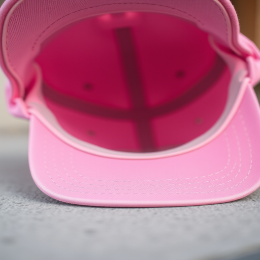 Create a high-resolution image of a pink baseball cap from a slightly tilted angle, using a DSLR camera with a 50mm lens, aperture set to f/2.8 for shallow depth of field, ISO 100, and natural light for vibrant colors and soft shadows.